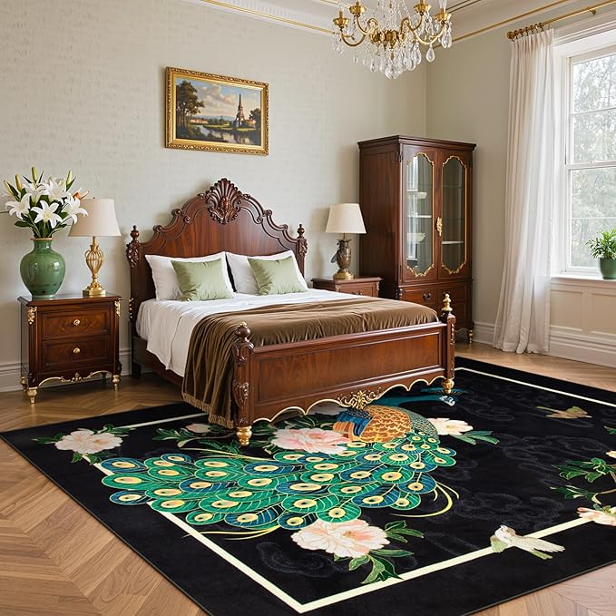 Lahome Peacock Area Rugs 8x10, Black Washable 8x10 Rugs for Living Room, Floral Non Slip Vintage Ultra-Thin Stain Resistance Large Carpet for Bedroom Office Farmhouse Dining Room, Black