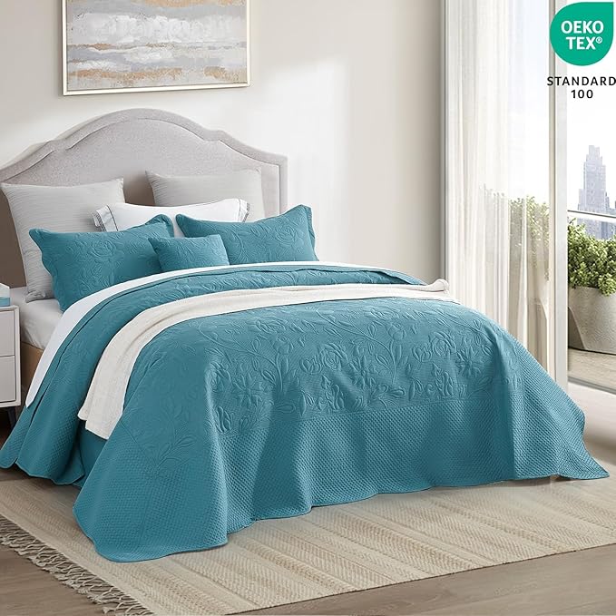 CHIXIN Oversized Bedspread Coverlet Set King Size - Lightweight Bedding Cover - Ultrasonic Quilting - 5 Piece Reversible Bedspread - Vintage Rose Pattern (King, Lagoon)