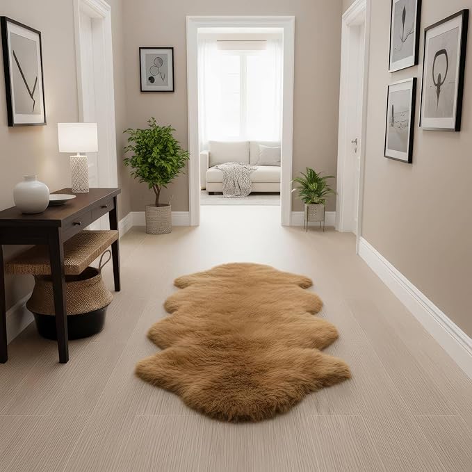 Long 2x6 Sheespkin Rug Runner - Light Brown Sheepskin Fur Rugs - Great for Draping and Floor Decor - Extra Soft New Zealand Fur - Real Sheep Skin Rug for Bedroom Living Room