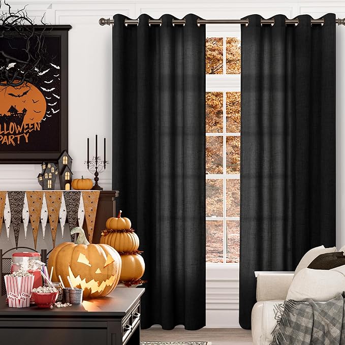 YoungsTex Linen Black Curtains 84 inch Length 2 Panels for Living Room, Light Filtering Drapes with Bronze Grommet Semi Sheer Gothic Decorative for Dining Bedroom, 52 X 84 Inch