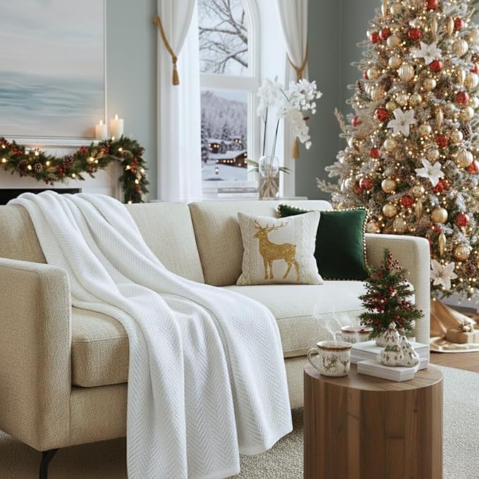 Cloud Scape Linen 100% Cotton Throw Blanket 50x70 White, Luxury All-Season Warmth, Ultra Soft, Oversized Herringbone Gauze Blanket for Winter, Bed, Couch & Sofa Decor, Best Gift Idea