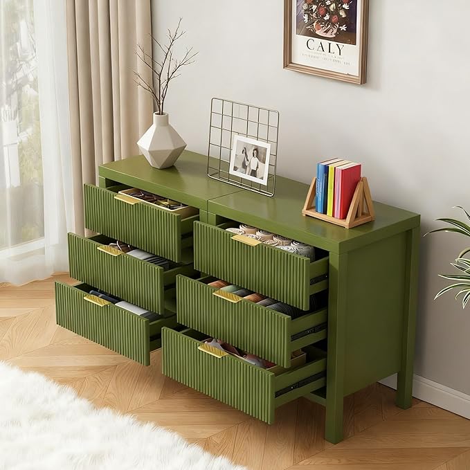 End Table with Storage, Wooden Farmhouse Nightstands with 6 Drawers, Bedside Table - Boho Tall Side Table Accent for Bedroom, Living Room, Green X2