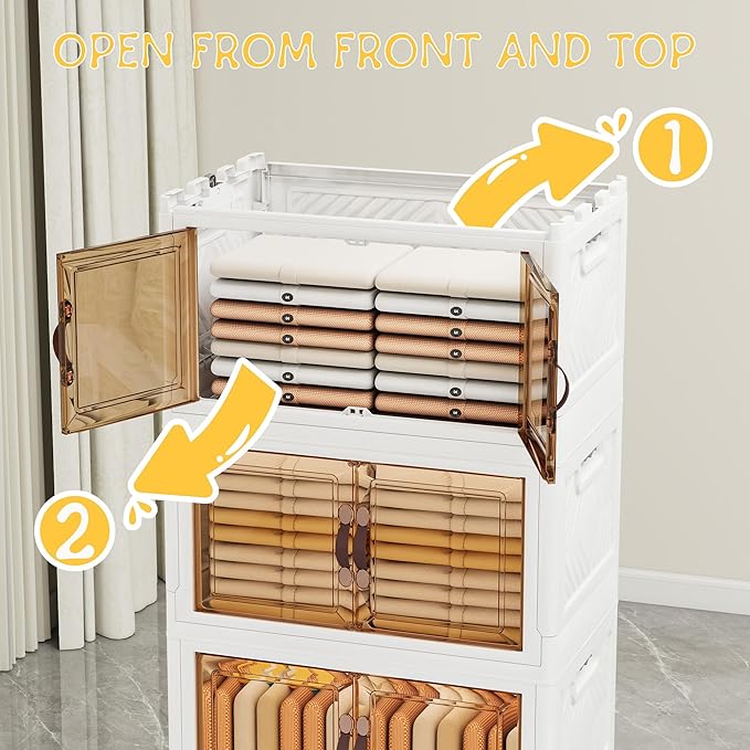Storage Bins with 2 Lids and Wheels, 660QT-110QT*6Tier Collapsible Bathroom Storage Cabinet with Clear Doors, Plastic Stackable Closet Organizers and Containers White