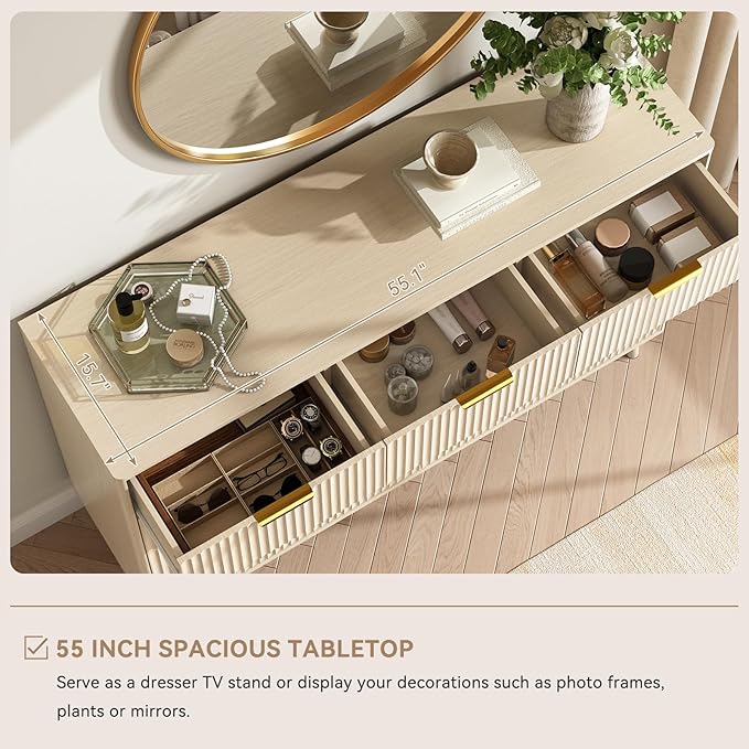 CARPETNAL Fluted 7 Drawer Dresser for Bedroom, 55" Wide Wooden Chest of Drawers with Rounded Corners, Gold Handles, Modern Storage Organizer for Bedroom, Hallway(Beige)