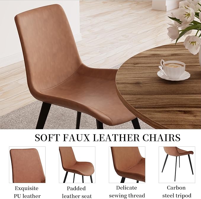 34.6'' Dining Table and Chairs for 2, Mid Century Modern Round Table Set, Space Saving for Apartment Kitchen Dining Room (Walnut Table+2 Brown Chairs)