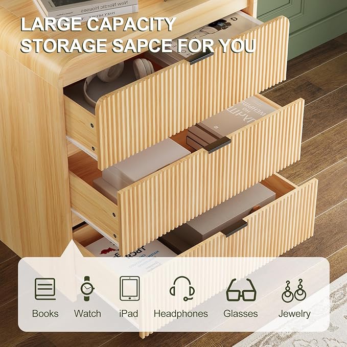 FURSUN 32" Tall Fluted Nightstand Set of 2, 3 Drawers Wooden End Table w/Storage, Curved Profile Design, Modern Bedside Table for Bedroom, Natural Oak