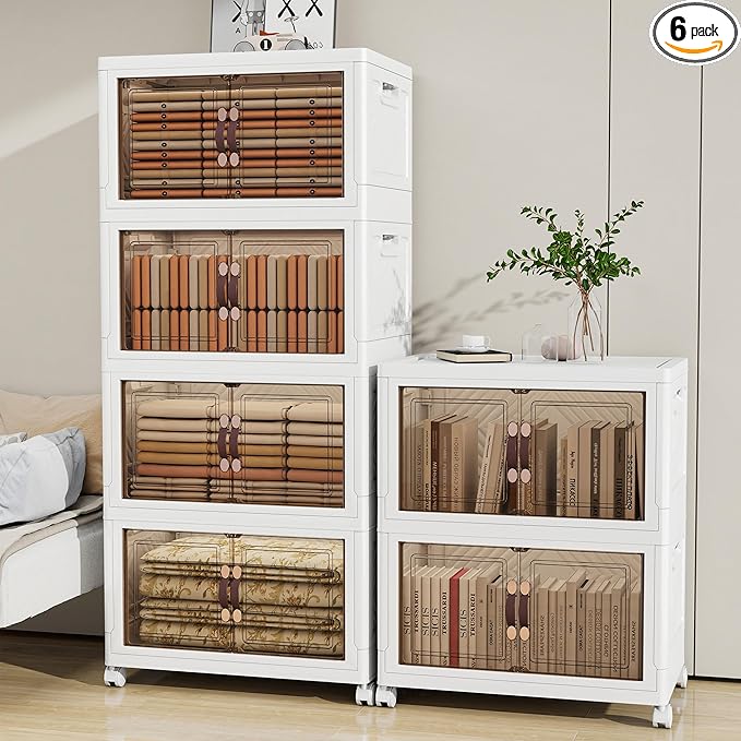 Storage Bins with 2 Lids and Wheels, 990QT-165QT*6Tier Collapsible Bathroom Storage Cabinet with Clear Doors, Plastic Stackable Closet Organizers and Containers White