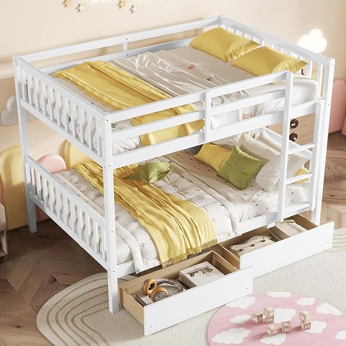 Full Over Full Bunk Bed with Storage Drawers,Convertible Bunk Beds with Ladder & Safety Guardrails,Full Size Bunk Beds for Kids Girls Boys,White