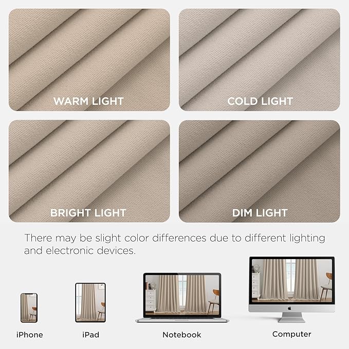 Joydeco Light Beige 100% Blackout Curtains 102 Inch 2 Panels, Luxury Thermal Light Beige Velvet Curtains for Bedroom Living Room, Soundproof Blackout Window Drapes, Rod Pocket & Back Tab (52W x 102L)