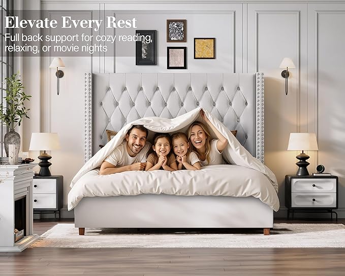 Jocisland Queen Size Bed Frame with 61.4" Tall Headboard, Velvet Upholstered Wingback Platform Design, Handcrafted Pleats& Deep Button Tufted, Solid Wood Legs, No Box Spring Needed, Cream