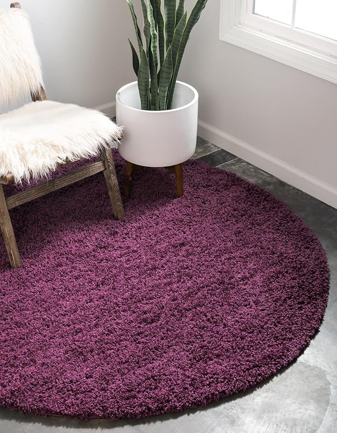 Unique Loom Solid Shag Collection Area Rug (7' 1" Round, Eggplant Purple)