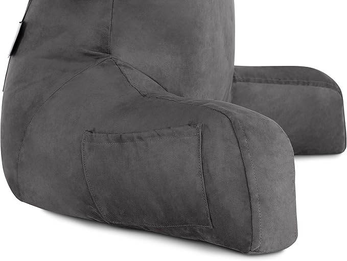 Husband Pillow Aspen Iron Grey, Reading Pillow Bed Rest Chair, Two-Sided Reversible Fabric, Large Lounge Cushion Adult Backrest with Arms, Comfy Back Support for Sit Sitting Up, Wash/Removable Cover