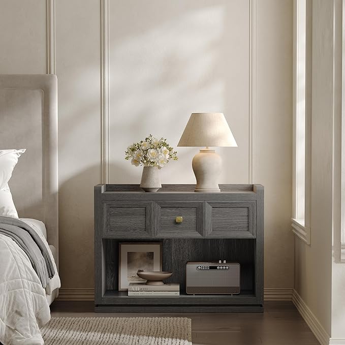 SICOTAS 31" Wide Nightstands Set of 2, Large Night Stands with Drawer, Oversized King Size Nightstand Bedside Table for Bedroom, Farmhouse End Side Table Set of 2 (Dark Grey Oak, 31-Inch)