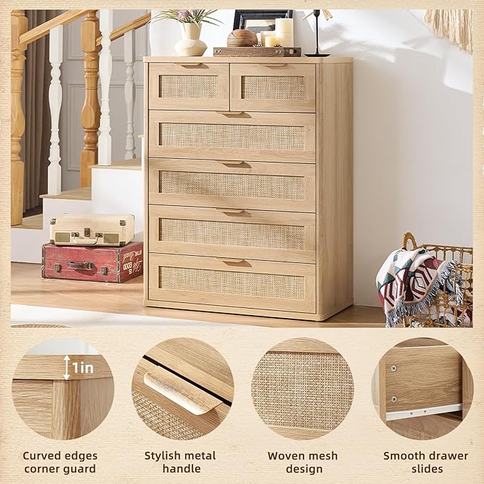 LEYAOYAO Rattan Dresser for Bedroom, 41" Tall Chest of Drawers, Modern 6 Drawers Boho Dressers with Storage, Light Oak Dresser Wooden Closet Organizer for Living Room, Hallway, Natural Wood