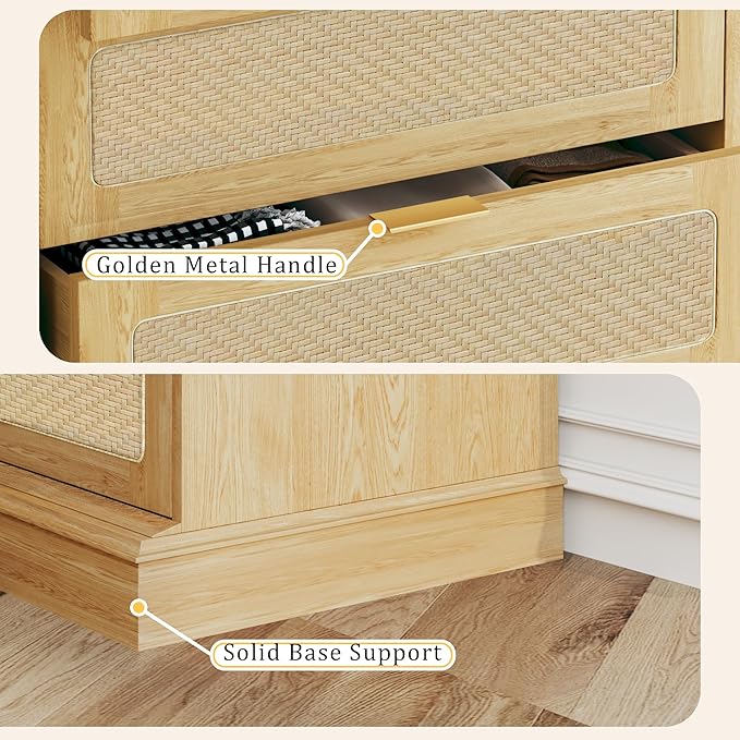 6 Drawer Tall Dresser for Bedroom, 50 Inch Tall Dressers & Rattan Chest of Drawers, Boho Style, Wood Modern Dressers Organizer for Bedroom, Living Room, Hallway, Entryway, Natural Oak