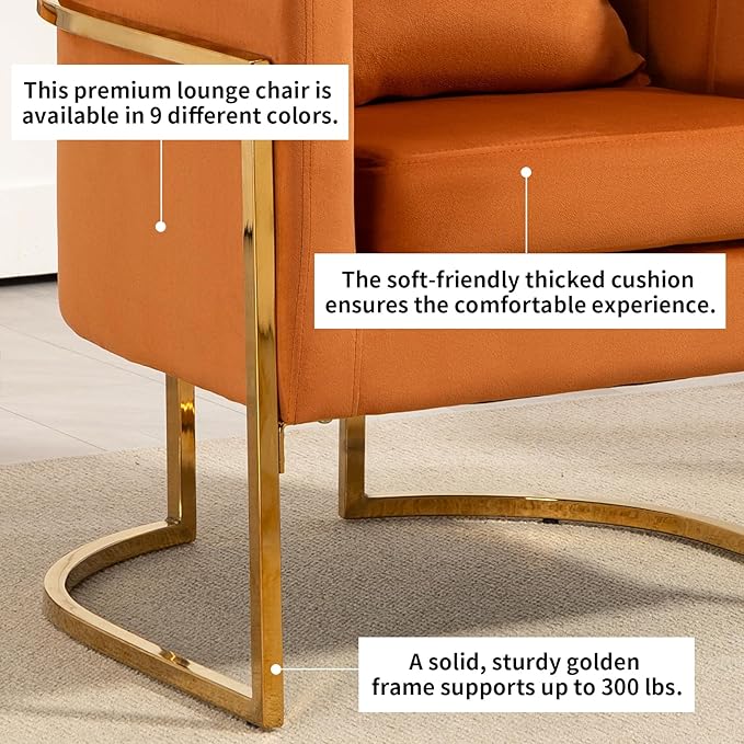 Velvet Modern Accent Chair, Upholstered Barrel Armchair Mid Century with Pillow for Living Room, Comfy Single Vanity Chair with Metal Gold Legs for Bedroom, Orange