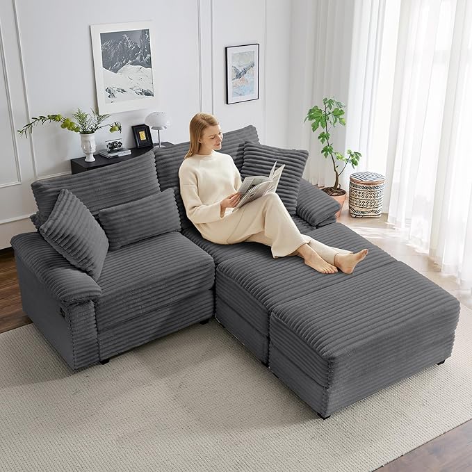 SUNWAVE 74" Double Chaise Lounge Chair Indoor, Oversized Loveseat with Storage Ottoman, Corduroy Couch with USB Charging, Removeable Ottoman, and Coffee Table Cushions for Living Room