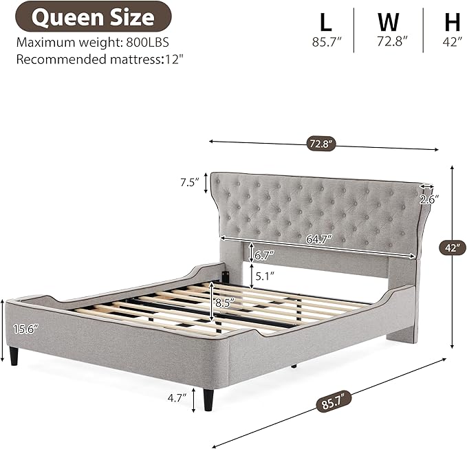 Christopher Knight Home Salus Linen Upholstered Queen Size Bed Frame with Headboard, Modern Queen Bed Frame and Headboard, Wooden Slats Support, Easy Assembly, No Box Spring Needed, Grey