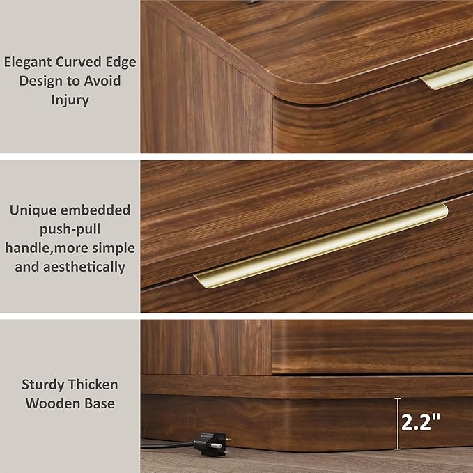 Nightstands Set of 2, Bedside Table with 3 Storage Drawers, 24" Tall Wood Night Stand with Charging Station, Modern Wide End Table Side Table W/Metal Handle Curved Profile for Bedroom
