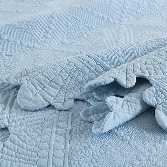 MarCielo 3-Piece 100% Cotton Oversized Bedspread Lightweight Quilt Coverlet Embroidery Farmhouse Bedding Set (TK Light Blue, Oversized Queen (100"x106"))
