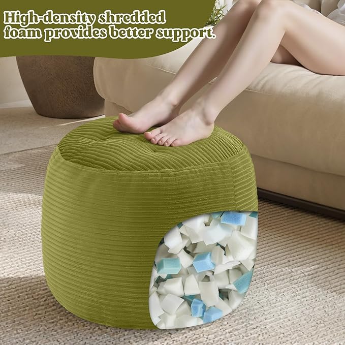 MeMoreCool Stuffed Round Pouf Ottoman Foot Rest, Floor Pouf Foot Stool with Soft Foam Chunk Filling, Round Small Ottoman Footstool Circle Footrest for Couch Living Room, Corduroy Green
