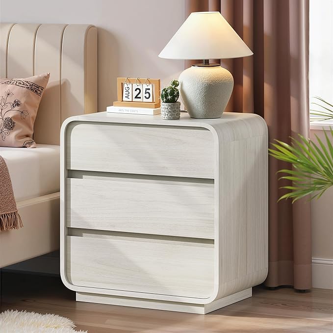 White Nightstand with Charging Station, 25" Tall Wood Bedside Table, Modern Curved End Table with 3 Storage Drawers Night Stand for Bedroom, Dorm, Sofa, Office