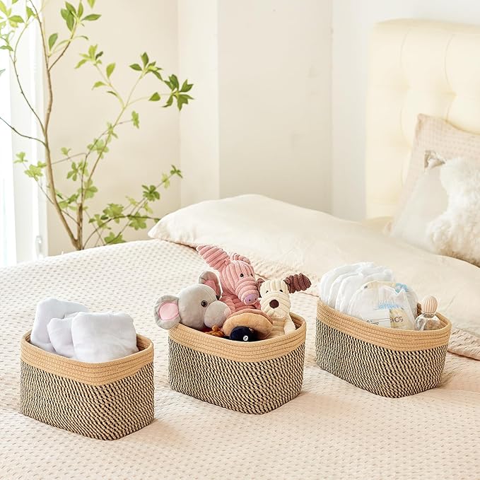 Small Cotton Rope Basket – Storage Bin for Organizing (10.6" x 6.7" x 6.7"), Bathroom Storage Basket for Shelf, Counter & Closet（Camel & Mixed Black）