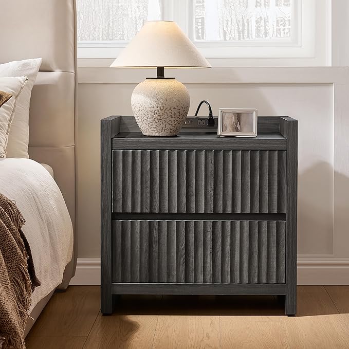 SICOTAS Night Stand Set of 2-Fluted Nightstands with Charger Station-Large Nightstand Bedside Table End Table with 2 Drawers, 25" Wide Mid Century Modern Night Stands for Bedroom-Black Oak
