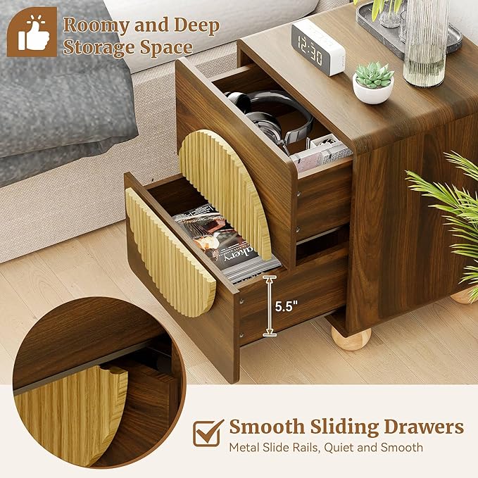 23" Fluted Nightstand with Solid Wood Legs, Modern Style Walnut Bedside Table with Round Moon Handle & Storage, Mid Century Cute Night Stand for Bedroom, Side Table, End Table
