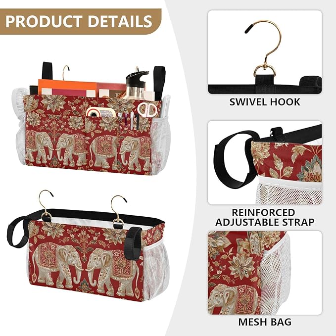 Bedside Caddy Hanging Bunk Bed Caddy Bed Organizer Hanging Pocket with 2 Hooks Bedside Storage Organizer Pocket Bag Holder Red Retro Elephant Flowers