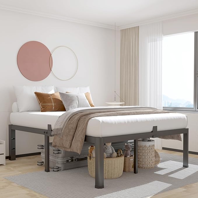 ROIL 18 Inch Full Size Bed Frame with Rounded Corner and Headboard Hole Mattress Retainers 3500LBS Metal Heavy Duty Steel Slats No Box Spring Needed Platform Noise-Free Easy Assembly