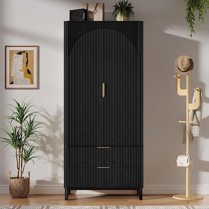 70.1" Arched Wooden Armoire Wardrobe Closet with 2 Doors and 2 Drawers, Fluted Bedroom Armoire with Hanging Rod Shelf, Clothing Storage Cabinet, Wardrobe Armoire Closet Cabinet for Bedroom