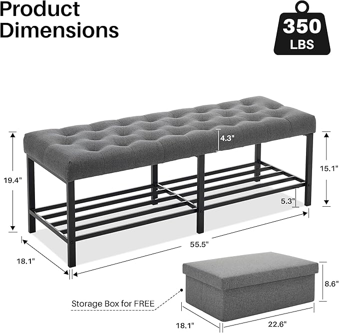 55.5" End of Bed Bench, Modern Linen Button Tufted Bedroom Bench, Upholstered Storage Shoe Bench with Metal Base, Dinning Table Bench for Living Room, Bedroom, Entryway,Grey