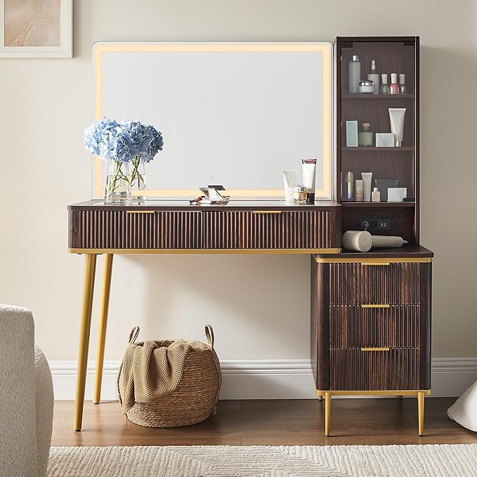 T4TREAM Fluted Makeup Vanity Desk with 36" HD Lighted Mirror, 48" Big Modern Vanity Desk with Mirror and Lights, Dressing Table with 5 Drawers & Shelves, Glass Top for Bedroom, Dark Walnut