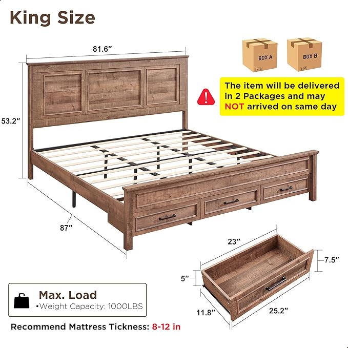 ACCOHOHO Farmhouse King Size Bed Frame with 52" Tall Headboard, Wood Platform Bedframe with Footboard and Storage Drawers, No Squeak, No Box Spring Needed, Light Brown