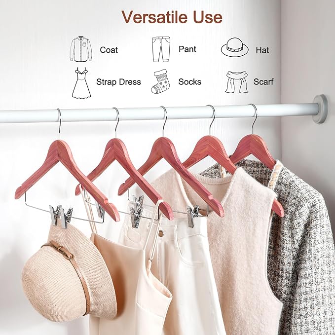 TOPIA HANGER American Red Cedar Wooden Hangers with Adjustable Metal Clips and 360° Swivel Hook, Premium Wood Clothes Hangers 10 Pack for Suit, Pant, Skirt, Jeans, Coat, Jacket-CT28C