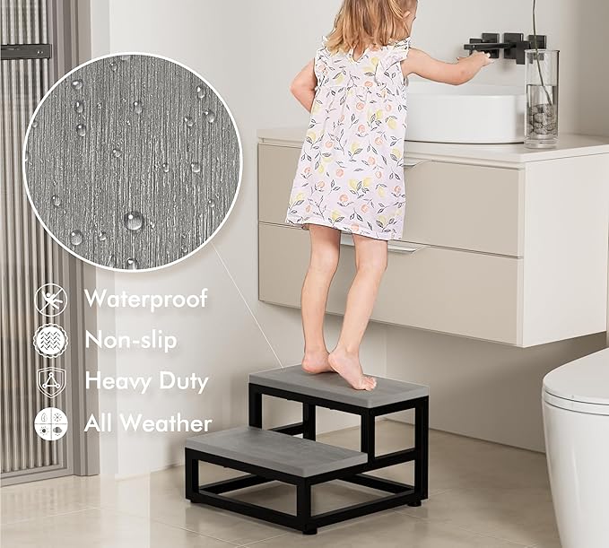 Y&M Two Step Stool for Adults Kids, Bed Step Foot Stool with Adjustable Non-Slip Feet, Portable Sturdy Metal Frame Stepping for Kitchen Bathroom Bedroom Living Room, Indoor or Outdoor Use, Grey