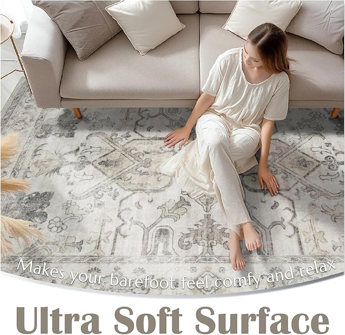 jinchan Hallway Runner Rug 2x8 Machine Washable - Vintage Floral Non-Slip Low-Pile Soft Ultra-Thin Faux Wool Kitchen Rug Distressed Carpet Runner for Farmhouse Bedroom Laundry Room (2x8ft, Taupe)