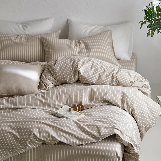 MooMee Striped Duvet Cover Set 100% Washed Cotton Linen Like Textured Breathable Durable Soft Comfy (Tannish Linen Grey White Wide Stripes, Super Queen 90"x98")