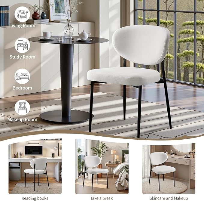 Upholstered Dining Chairs Set of 4 Modern Chenille Kitchen & Dining Room Chairs Wide Seat Filled with 58D Memory Foam Cushion Ergonomic Curved Backrest Vanity Chairs for Restaurant White