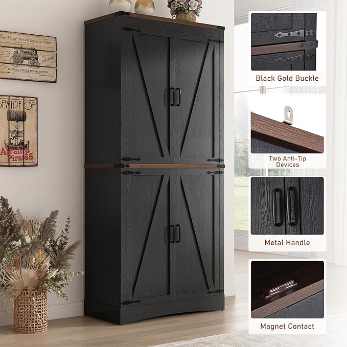 71" Tall Kitchen Pantry,Farmhouse Storage Cabinet with Adjustable Shelves,Load-Bearing Steel Pipe,Farmhouse Pantry Cabinet with 4 Barn Doors,for Kitchen,Dining Room,Living Room(Black)