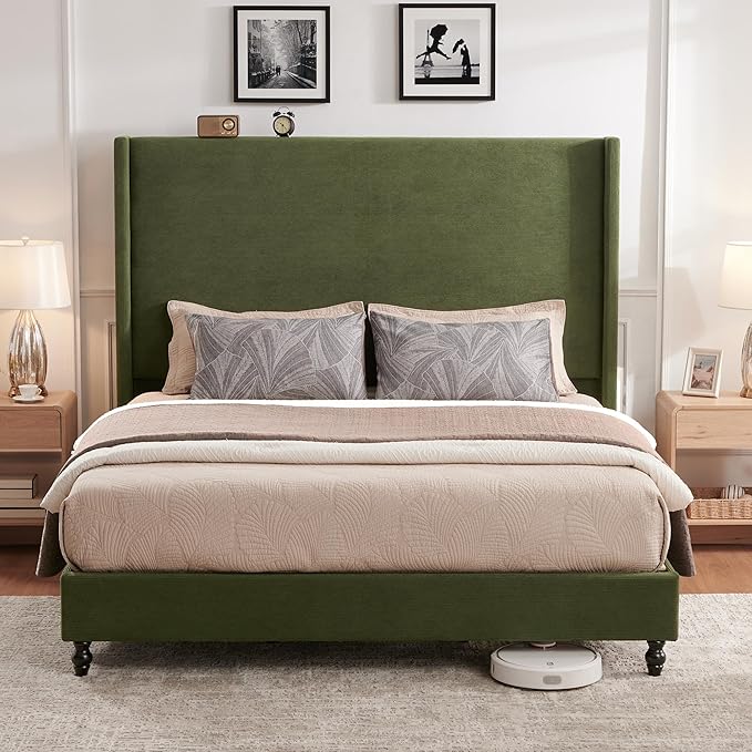 Queen Bed Frame with 63" Tall Headboard, Horizontal Fine Corduroy Bed Frame with Wingback, Upholstered Platform Bed, Vintage Solid Wood Gourd Legs, No Box Spring Needed, Green