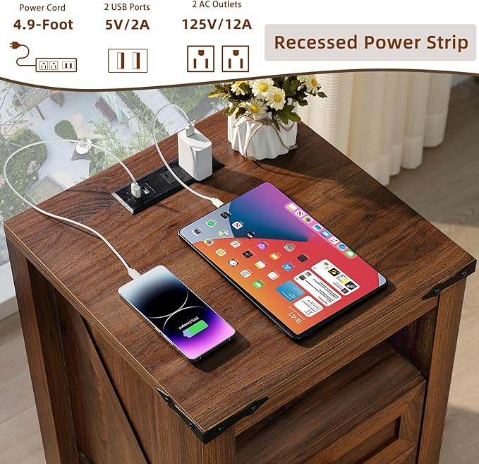 Joaxswe Nightstands Set of 2 with Charging Station, Farmhouse Side End Table with 2 Drawers and Open Shelf, Wood Rustic Sofa Table, Bedside Cabinet for Bedroom, Living Room, Closet, Office(Brown)