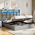 Lift Up Full Size Bed Frame with Storage, Upholstered Full Bed Frame with LED Lights Headboard and Charging Station, No Box Spring Needed, Easy Assembly - Light Grey