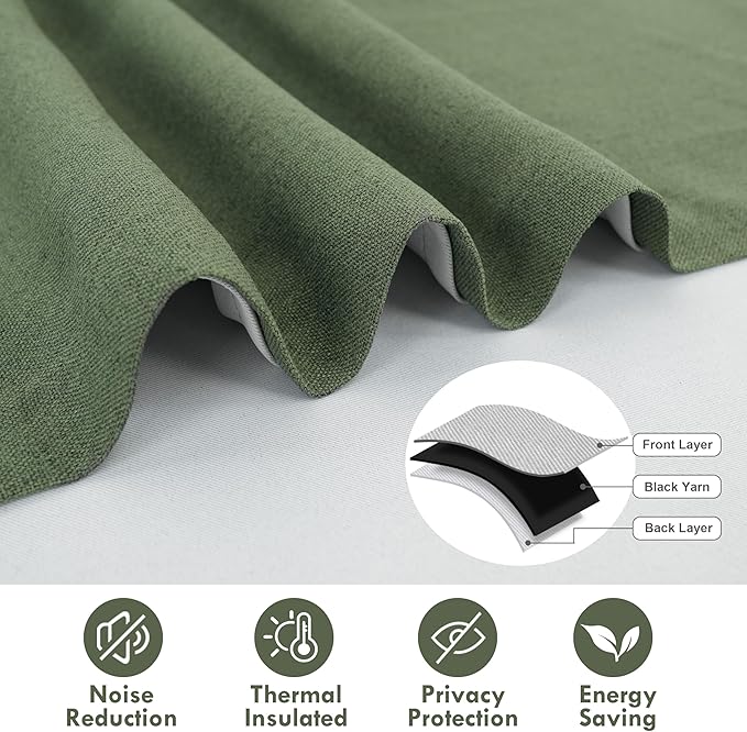 DriftAway Double Layer Linen Blackout Tie Up Curtains Thermal Insulated Fully Lined Balloon Roman Shade Bathroom Window Adjustable Rod Pocket for Small Window 31 Inch by 47 Inch Olive Green
