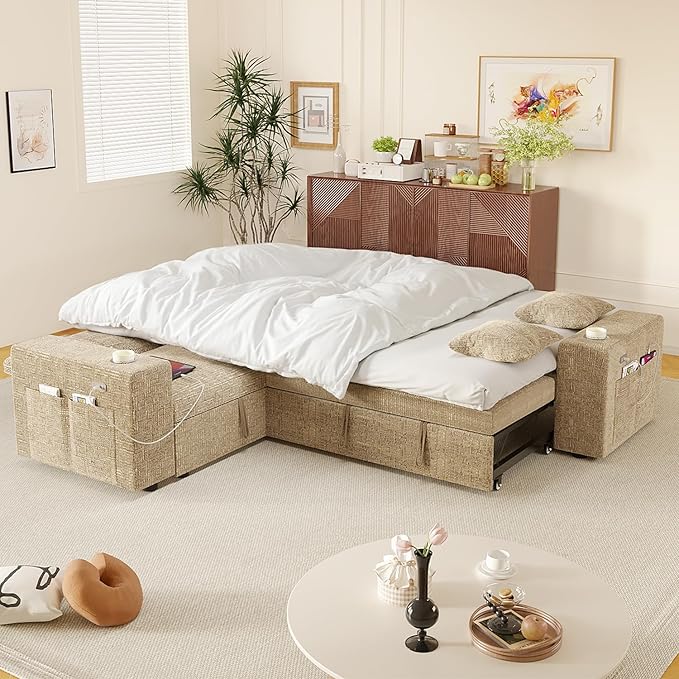 Modular Sectional Sleeper Sofa with Pull Out Bed, L Shaped 5 Seat Sectional Couches for Living Room, 84 Inch Sofa Bed with Adjustable Backrest | Hidden Storage | Wide Armrest | Khaki