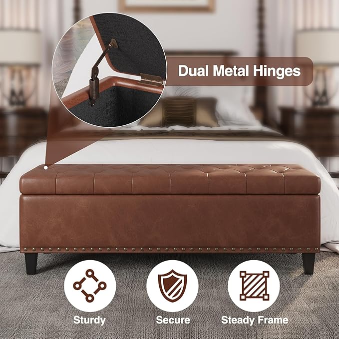 Storage Ottoman Bench,51-Inch Large Storage Bench for Bedroom End of Bed, 30 Gallons Faux Leather Ottoman with Storage for Bedroom, Living Room, Entryway, Hallway,Brown