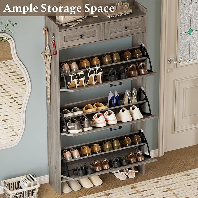 Shoe Storage Cabinet for Entryway, Farmhouse Narrow Shoe Cabinet with 3 Flip Drawers & 2 Top Drawers, Adjustable Shelves & Hooks, Freestanding Hidden Rack Organizer for Hallway, Foyer