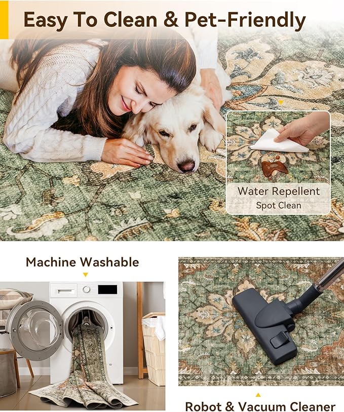 Area Rugs 2'x10' Washable Non-Slip, Floral Vintage Distress Print Pattern Medallion Carpet for Living Room Bedroom Dining Room, Brick Red Rust Neutral Brown Burnt Orange Green