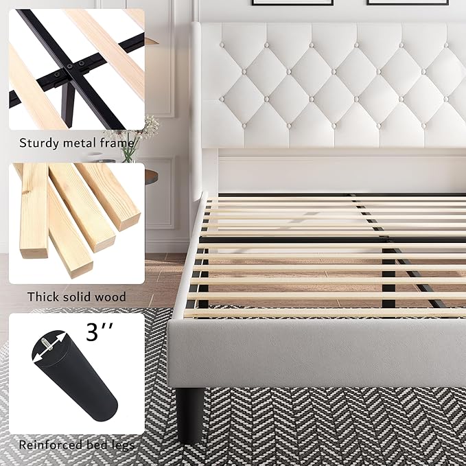 iPormis Queen Size Velvet Platform Bed Frame with Button Tufted Headboard, Upholstered Bed Frame with Solid Wooden Slats, 8" Underbed Space, No Box Spring Needed, Noise Free, Easy Assembly, White